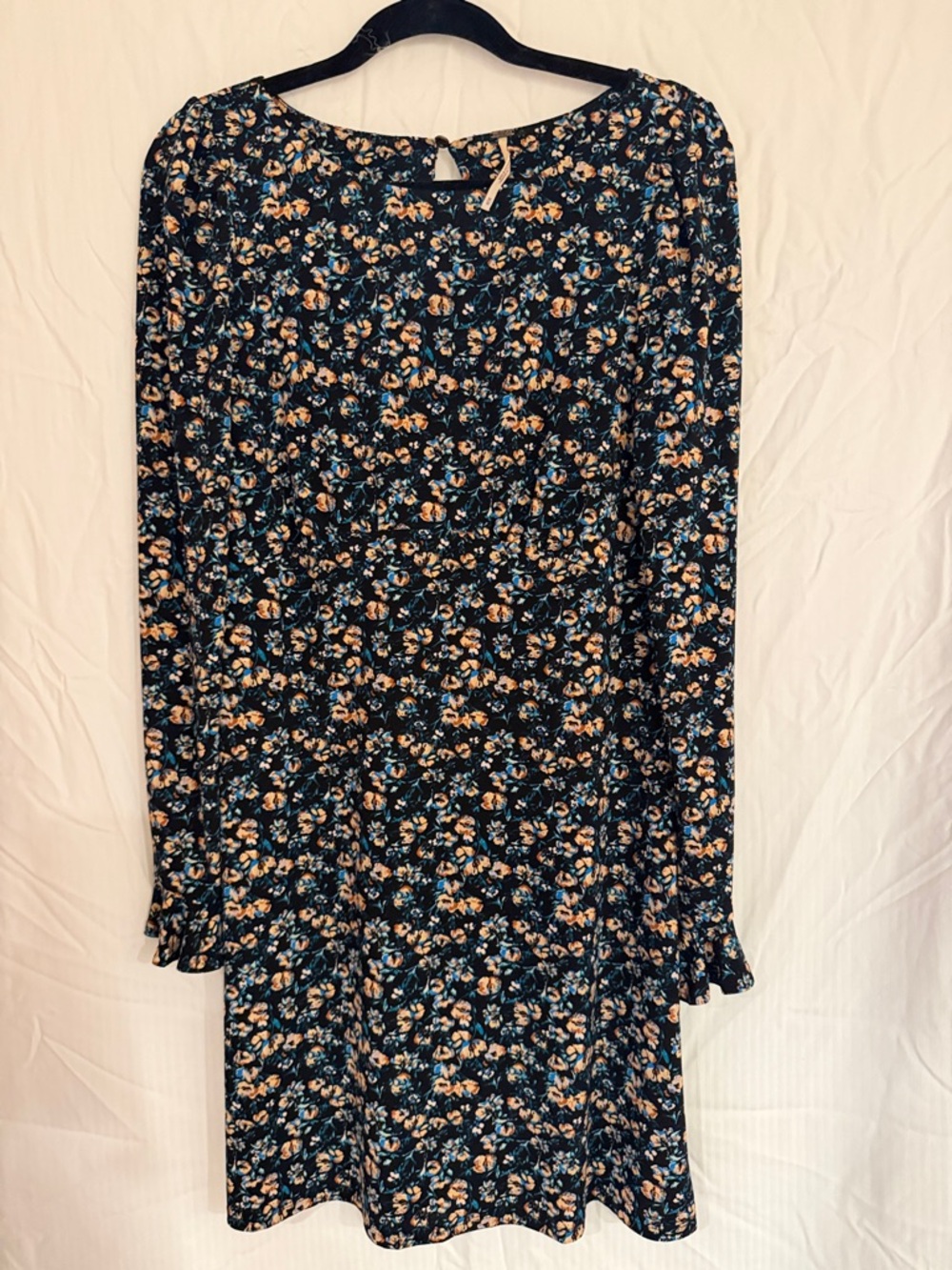 Free People Black Floral Long Sleeve Mini Dress with Blue & Cream Flowers